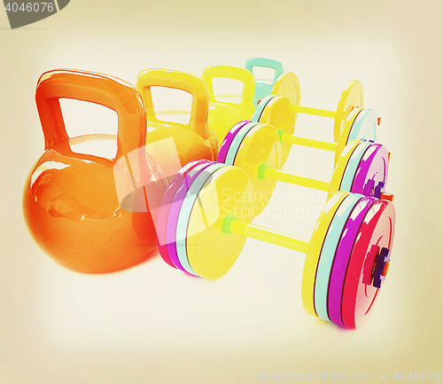 Image of Colorful weights and dumbbells . 3D illustration. Vintage style.