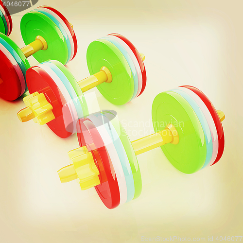 Image of Colorful dumbbells on a white background. 3D illustration. Vinta