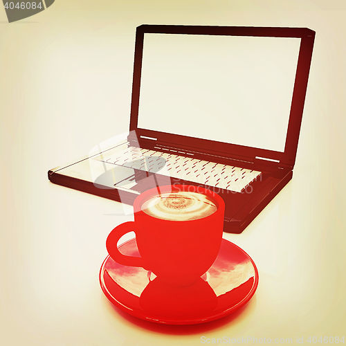 Image of 3d cup and a laptop. 3D illustration. Vintage style.