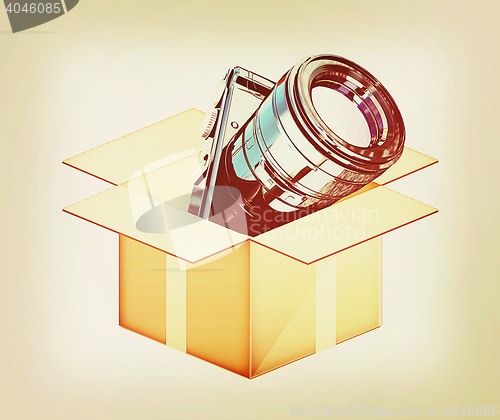 Image of camera out of the box. 3D illustration. Vintage style.