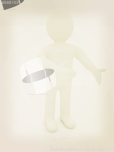 Image of Happy 3d business man showing copy space, isolated on white . 3D