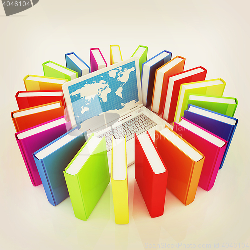 Image of Laptop and books . 3D illustration. Vintage style.