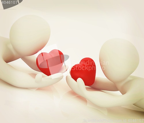 Image of 3D humans lying and holds heart. 3D illustration. Vintage style.