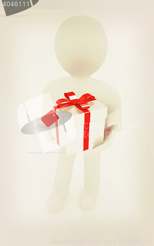 Image of 3d man and gift with red ribbon. 3D illustration. Vintage style.