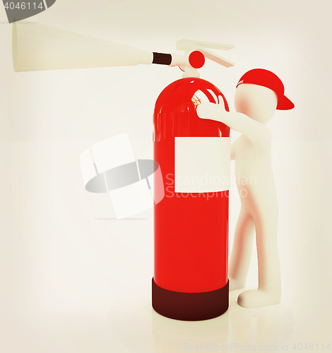 Image of 3d man with red fire extinguisher . 3D illustration. Vintage sty