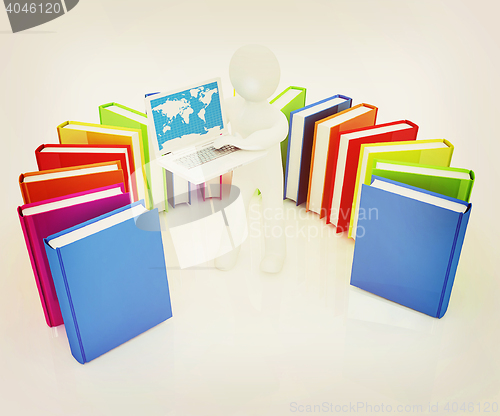Image of 3d man sitting on books and working at his laptop . 3D illustrat