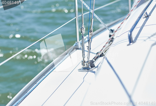 Image of close up of sailboat or sailing yacht deck in sea