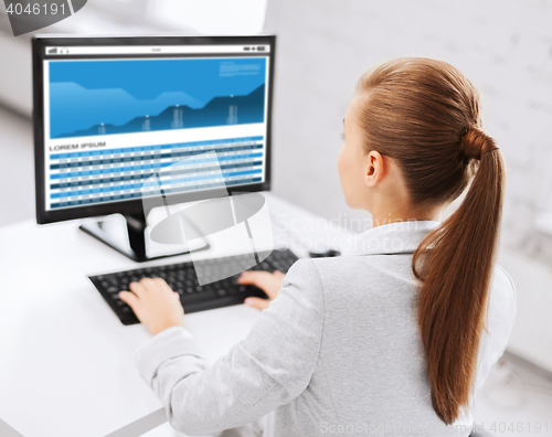 Image of businesswoman with graphs on computer at office