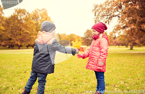 Image of little boy giving autumn maple leaves to girl