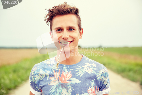 Image of smiling young hippie man on country road