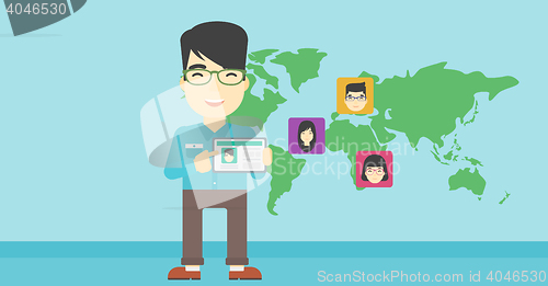 Image of Man holding tablet with social network.