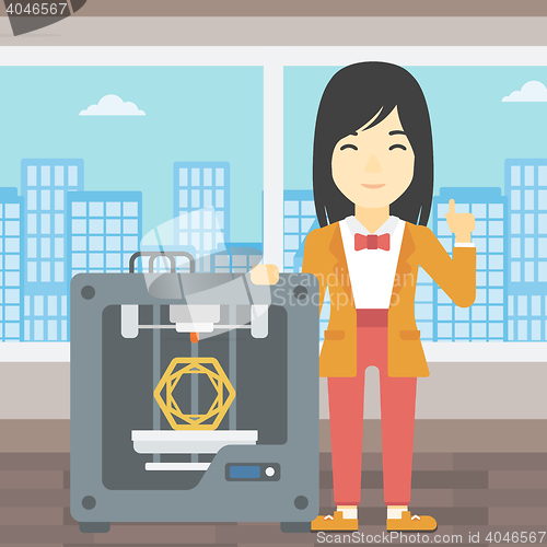 Image of Woman with three D printer vector illustration.