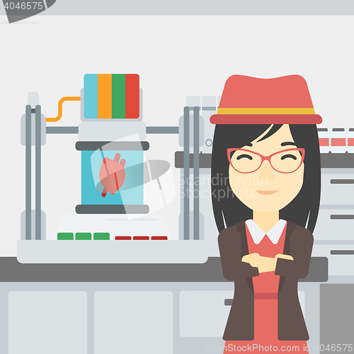 Image of Woman with three D printer vector illustration.