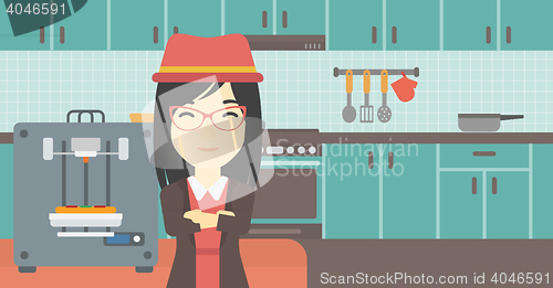 Image of Woman with three D printer vector illustration.