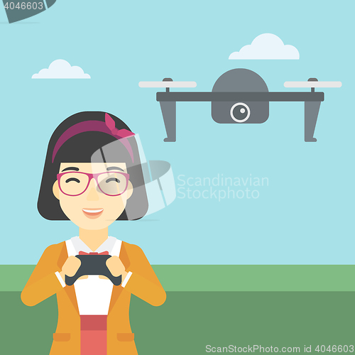Image of Woman flying drone vector illustration.
