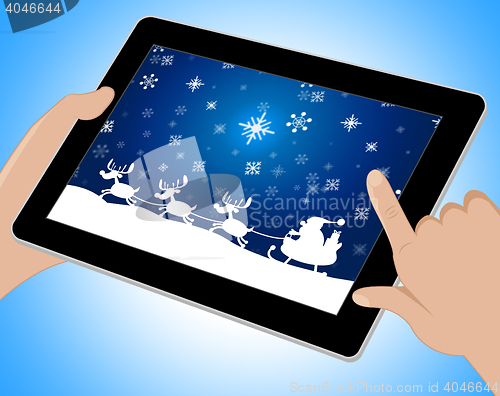 Image of Reindeer Santa Shows Winter Snow And Congratulation Tablet