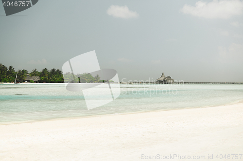 Image of maldives island beach with palm tree and villa