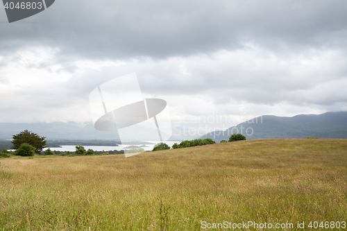 Image of view to lake and hills at connemara in ireland