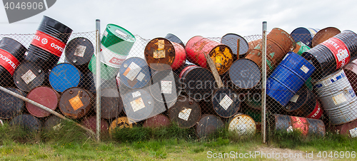 Image of AKRANES, ICELAND - AUGUST 1, 2016: Oil barrels or chemical drums