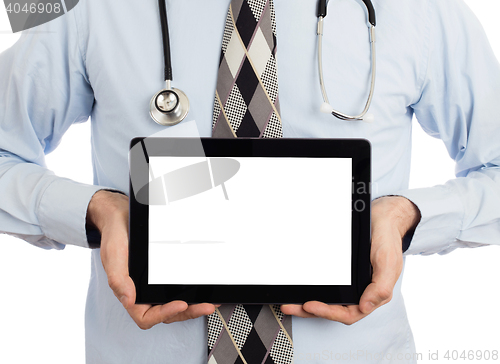 Image of Doctor holding tablet with copy space and clipping path for the 