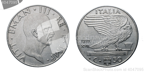 Image of fifty 50 cents Lira acmonital Coin 1939 XVIII Empire Vittorio Emanuele III Kingdom of Italy