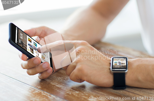 Image of close up of hands with smart phone and watch