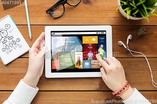 Image of close up of woman with tablet pc on wooden table