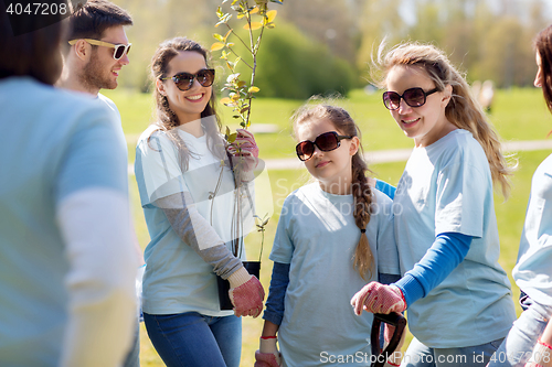 Image of group of volunteers with trees and shovel in park