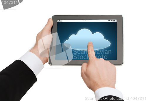 Image of close up of hands with cloud icon on tablet pc