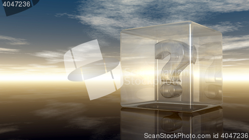 Image of question mark in glass cube under cloudy sky - 3d rendering