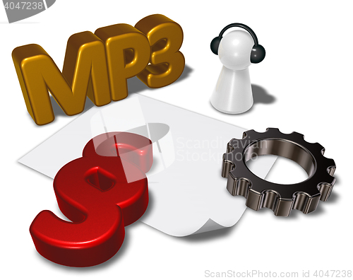 Image of mp3 tag, paragraph symbol and pawn with headphones - 3d rendering