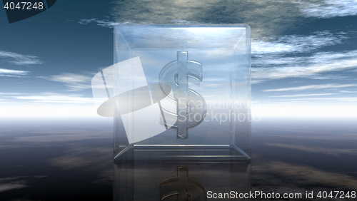 Image of dollar symbol in glass cube under cloudy blue sky - 3d illustration