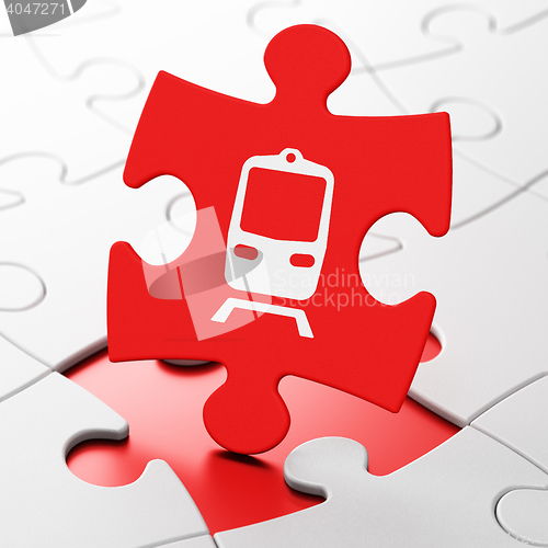 Image of Travel concept: Train on puzzle background