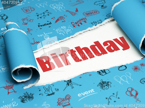 Image of Entertainment, concept: red text Birthday under the piece of  torn paper