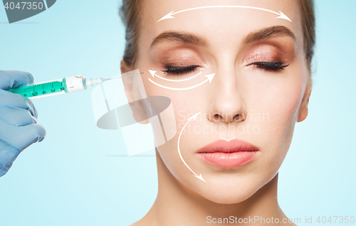 Image of woman face and hand with syringe making injection