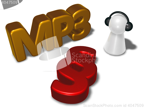 Image of mp3 tag, paragraph symbol and pawn with headphones - 3d rendering