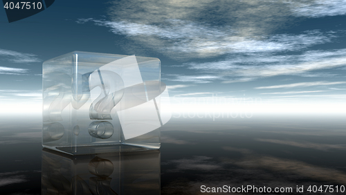 Image of question mark in glass cube under cloudy sky - 3d rendering