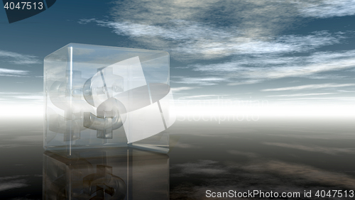 Image of dollar symbol in glass cube under cloudy blue sky - 3d illustration