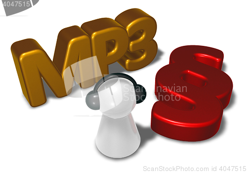 Image of mp3 tag, paragraph symbol and pawn with headphones - 3d rendering