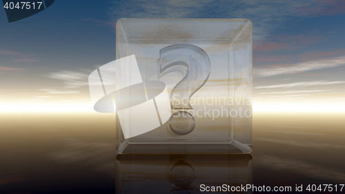 Image of question mark in glass cube under cloudy sky - 3d rendering