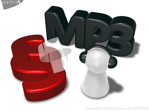 Image of mp3 tag, paragraph symbol and pawn with headphones - 3d rendering