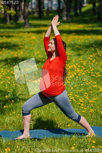 Image of Pregnant woman doing asana Virabhadrasana outdoors