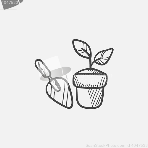 Image of Garden trowel and pot with plant sketch icon.