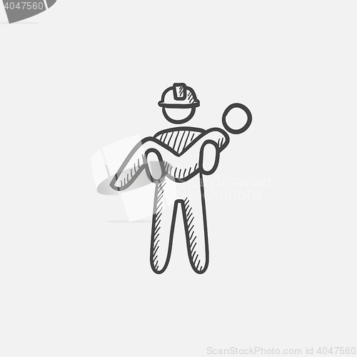 Image of Fireman holding person on hands sketch icon.