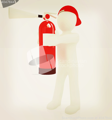 Image of 3d man with red fire extinguisher . 3D illustration. Vintage sty