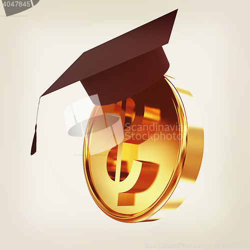 Image of Graduation hat on gold dollar coin. 3D illustration. Vintage sty
