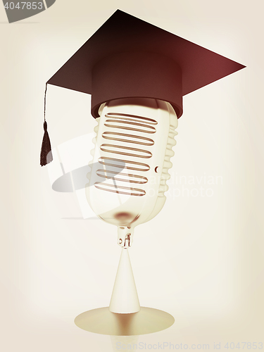 Image of New 3d concept of education with microphone and graduation hat. 