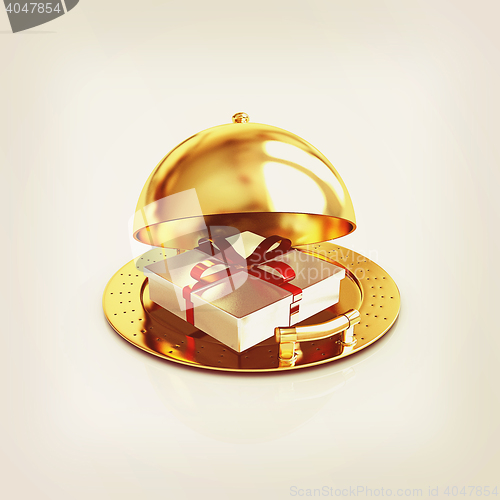 Image of Illustration of a luxury gift on restaurant cloche. 3D illustrat