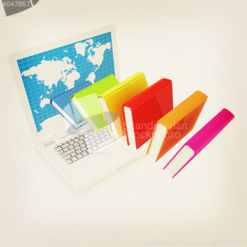 Image of Colorful books flying and laptop . 3D illustration. Vintage styl