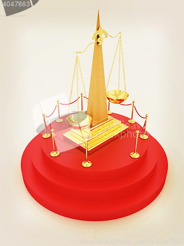 Image of Gold scales of justice on 3d carpeting podium with gold handrail